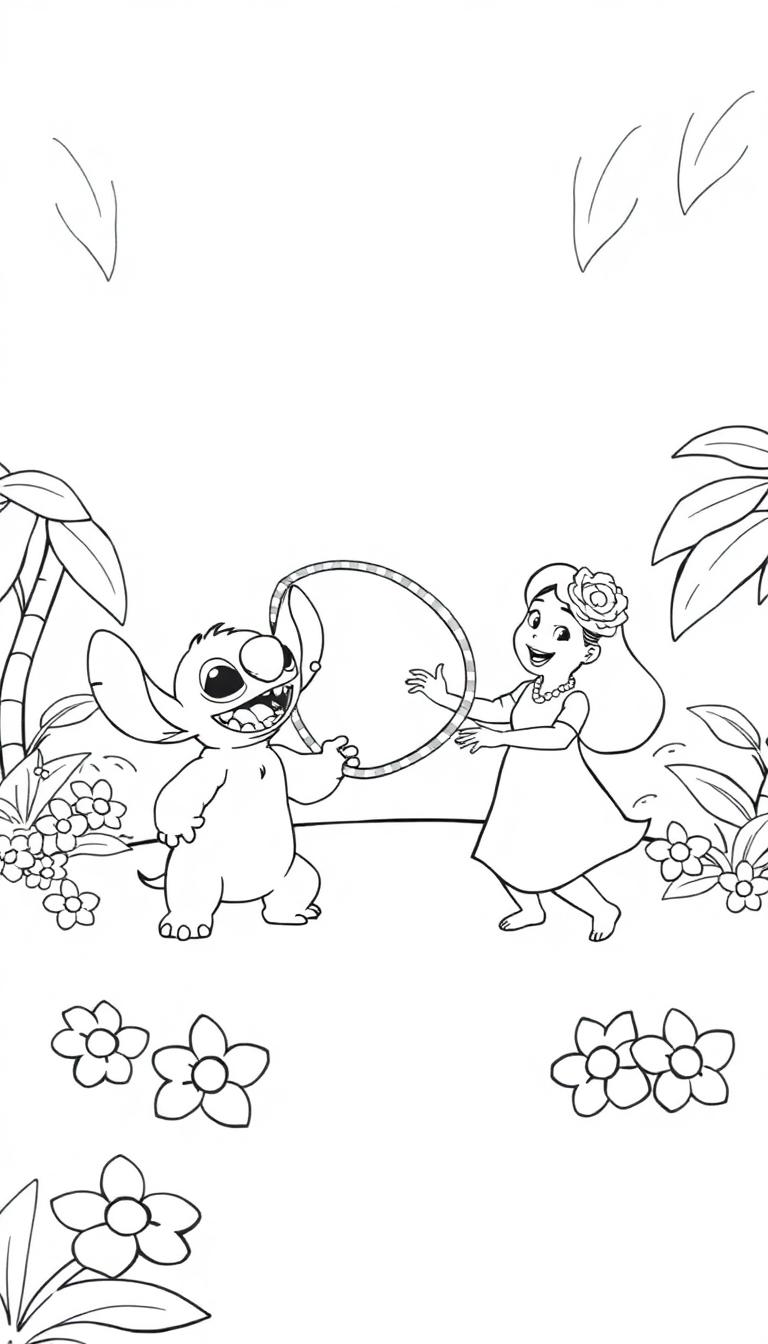 Stich und Lilo spielen mit einem Hula-Hoop-Reifen im Freien.