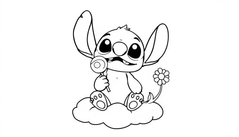Schwarz-Weiß-Farbtafel von Stitch auf einer Wolke mit einem Lutscher und einer Blume.