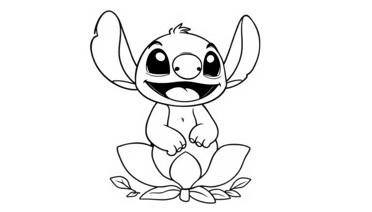 Eine Schwarz-Weiß-Farbtafel-Zeichnung von Stitch, der auf einer Lotusblume sitzt und lächelt.