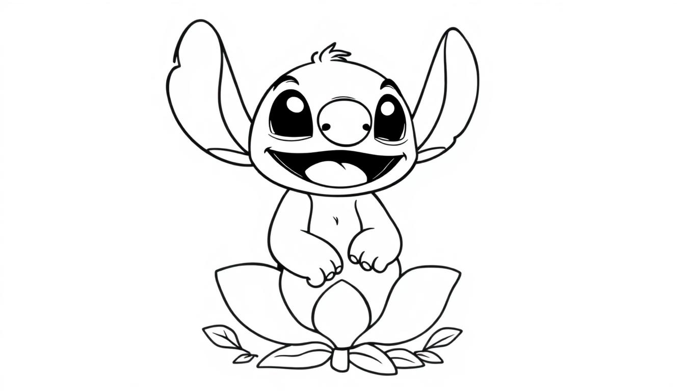 Eine Schwarz-Weiß-Farbtafel-Zeichnung von Stitch, der auf einer Lotusblume sitzt und lächelt.