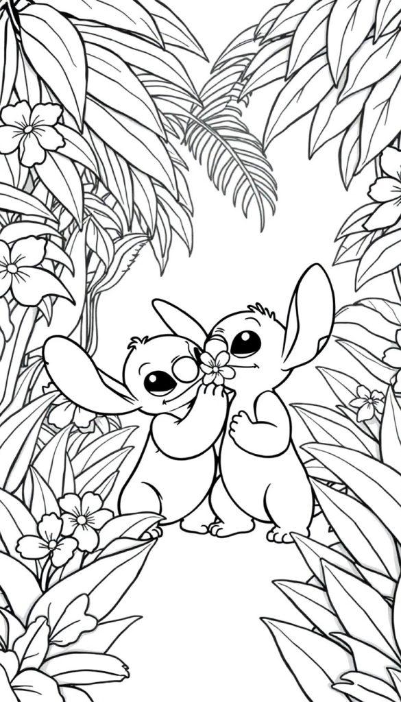 Zwei Stitch-Charaktere halten eine Blume in einem tropischen Dschungel.