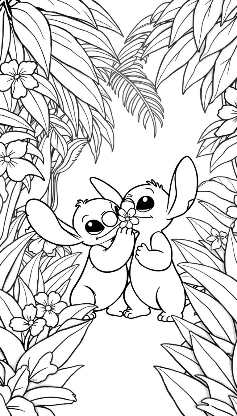 Zwei Stitch-Charaktere halten eine Blume in einem tropischen Dschungel.