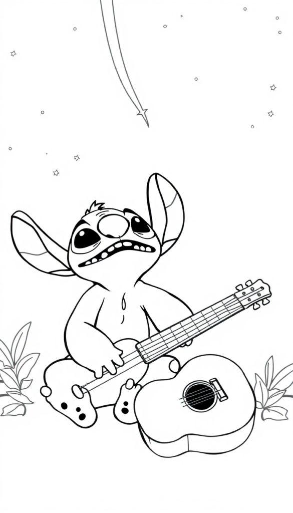 Stitch sitzt mit einer Gitarre und einem traurigen Gesichtsausdruck, umgeben von Sternen und Pflanzen.