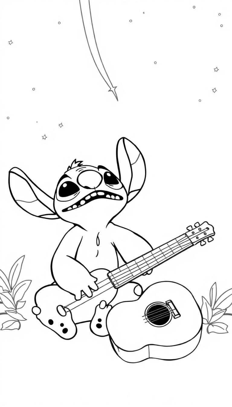 Stitch sitzt mit einer Gitarre und einem traurigen Gesichtsausdruck, umgeben von Sternen und Pflanzen.