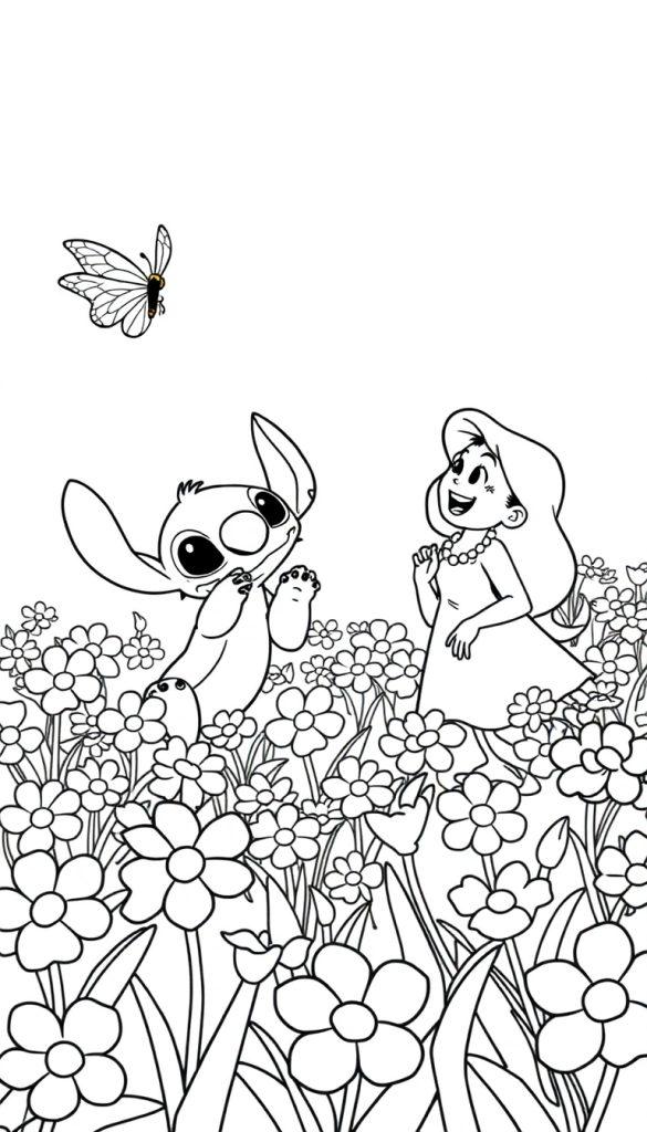 Stitch schaut einem Schmetterling im Blumenfeld hinterher, während ein Mädchen daneben steht.