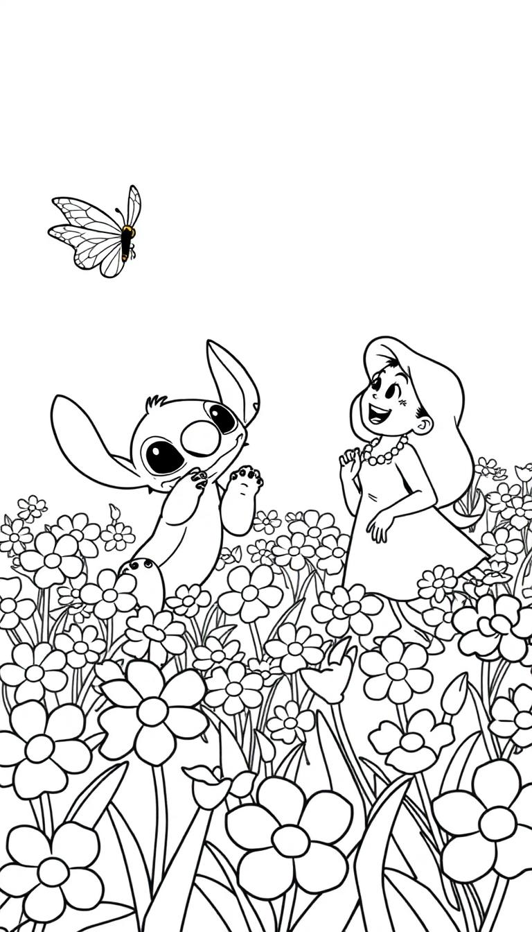 Stitch schaut einem Schmetterling im Blumenfeld hinterher, während ein Mädchen daneben steht.