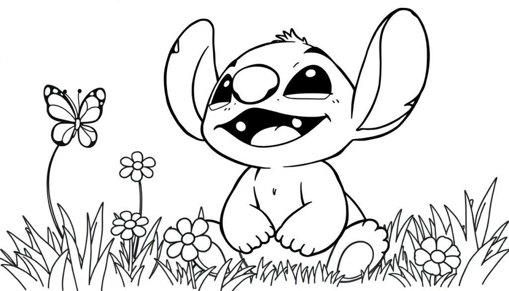 Schwarz-Weiß-Farbtafel von Stitch, der im Gras mit Blumen und einem Schmetterling sitzt und lächelt.