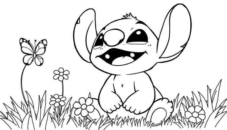 Schwarz-Weiß-Farbtafel von Stitch, der im Gras mit Blumen und einem Schmetterling sitzt und lächelt.