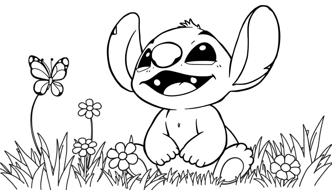 Schwarz-Weiß-Farbtafel von Stitch, der im Gras mit Blumen und einem Schmetterling sitzt und lächelt.