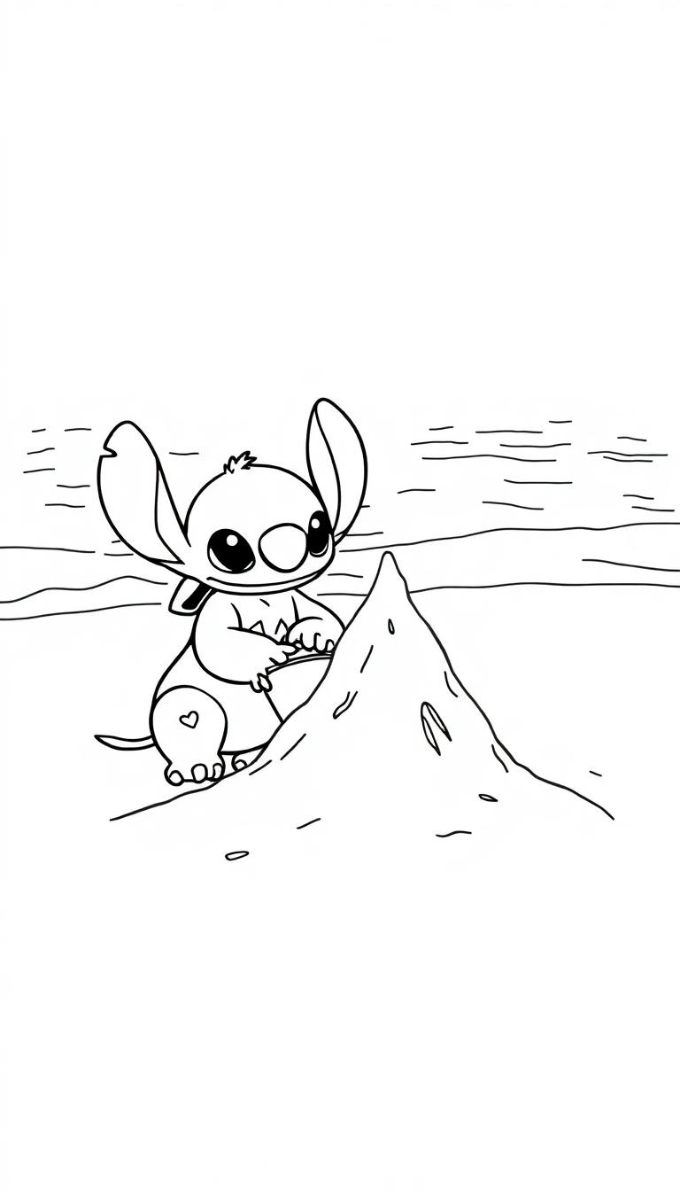 Stitch baut eine Sandburg am Strand.