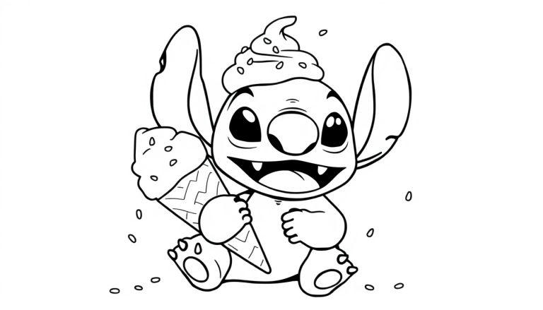 Stitch mit einem Eisbecher auf dem Kopf, bereit zum Ausmalen, eine Farbtafel.