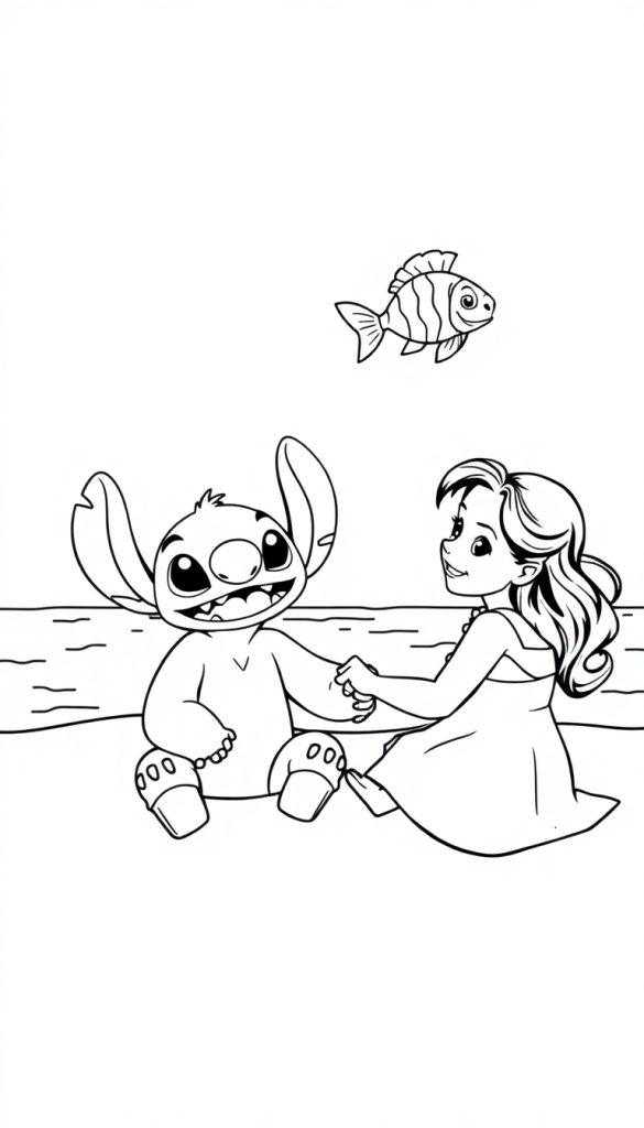 Stitch und ein Mädchen spielen am Strand, während ein Fisch durch die Luft fliegt.