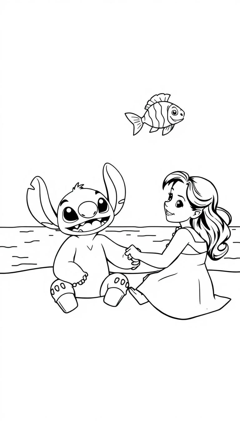 Stitch und ein Mädchen spielen am Strand, während ein Fisch durch die Luft fliegt.