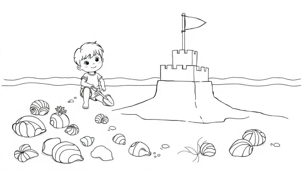 Schwarz-weiße Farbtafel-Zeichnung eines kleinen Jungen, der mit einem Spaten am Strand eine Sandburg baut und Muscheln sammelt.