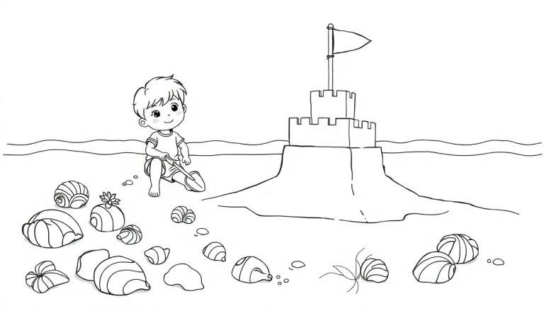 Schwarz-weiße Farbtafel-Zeichnung eines kleinen Jungen, der mit einem Spaten am Strand eine Sandburg baut und Muscheln sammelt.