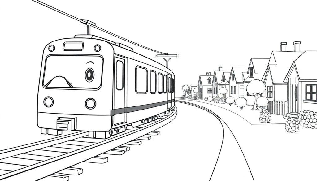 Schwarz-Weiß-Farbtafel einer Cartoon-Strassenbahn mit einem Auge auf einer kurvigen Strecke an Häusern und Bäumen vorbei.