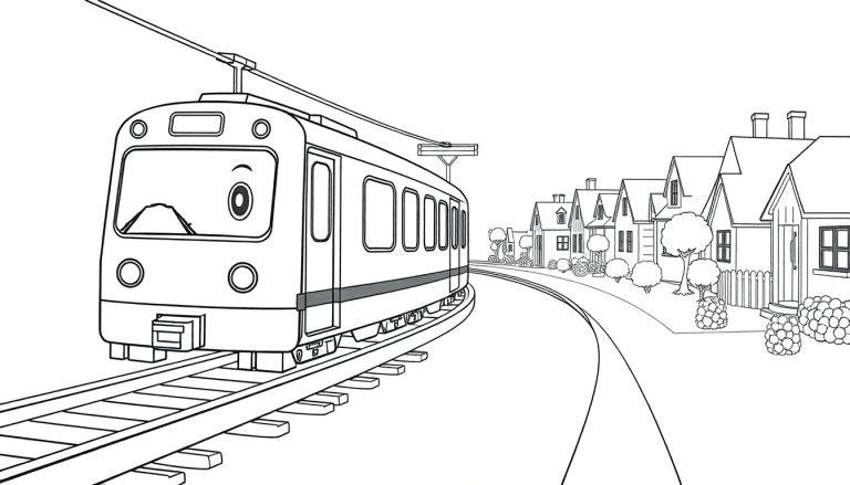 Schwarz-Weiß-Farbtafel einer Cartoon-Strassenbahn mit einem Auge auf einer kurvigen Strecke an Häusern und Bäumen vorbei.