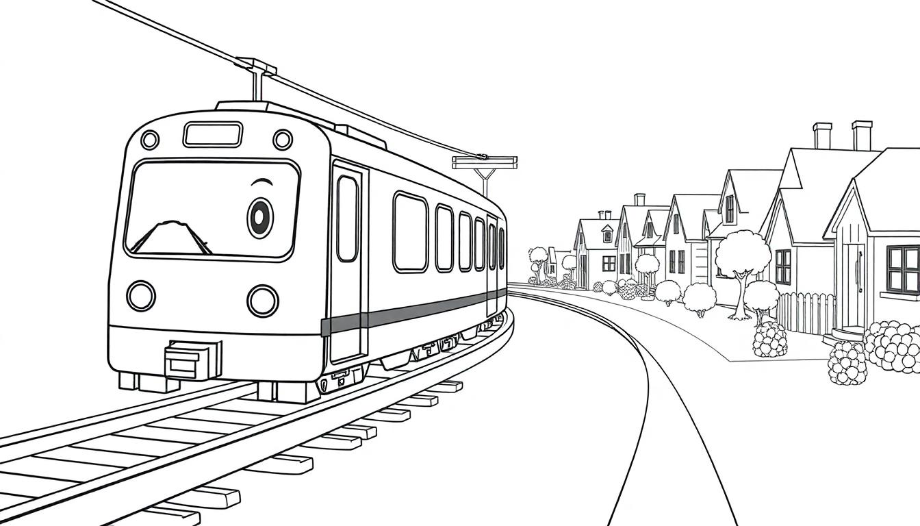 Schwarz-Weiß-Farbtafel einer Cartoon-Strassenbahn mit einem Auge auf einer kurvigen Strecke an Häusern und Bäumen vorbei.