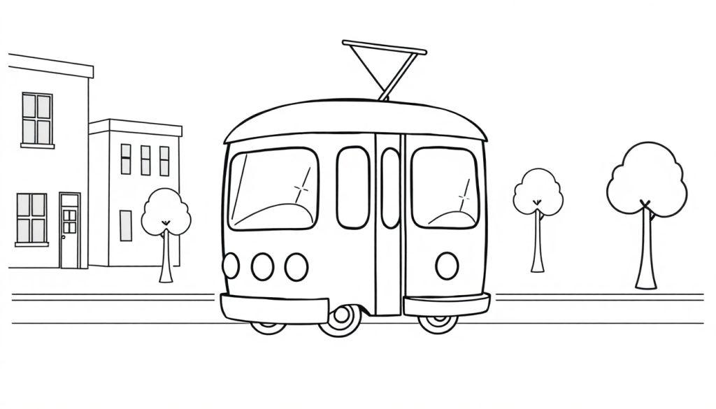 Eine freundliche Straßenbahn als Farbtafel auf einer einfachen Schwarz-Weiß-Zeichnung.