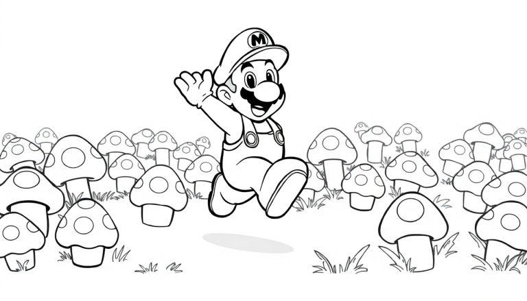 Schwarz-Weiß-Farbtafel von Mario, der auf einem Pilzfeld springt.