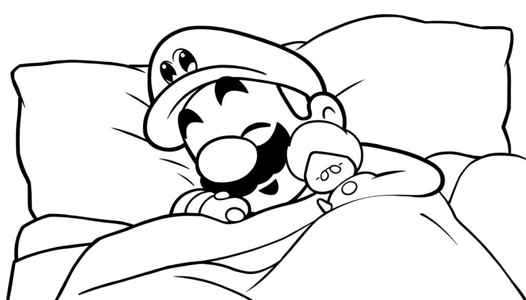Mario schläft friedlich in seinem Bett mit einem Koopa-Troopa-Stofftier und einem Buu Huu über ihm.