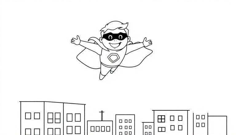 Schwarz-weiße Farbtafel-Illustration eines lächelnden Kindes in Superheldenverkleidung mit Umhang und Maske, das über einer Stadtsilhouette fliegt.