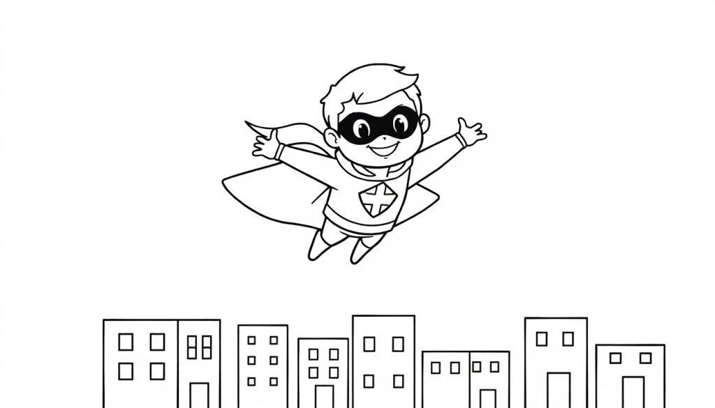 Ein kleiner Cartoon-Superheld mit Maske und Umhang schwebt mit ausgebreiteten Armen lächelnd über einer Stadt, Schwarz-weiß Farbtafel.