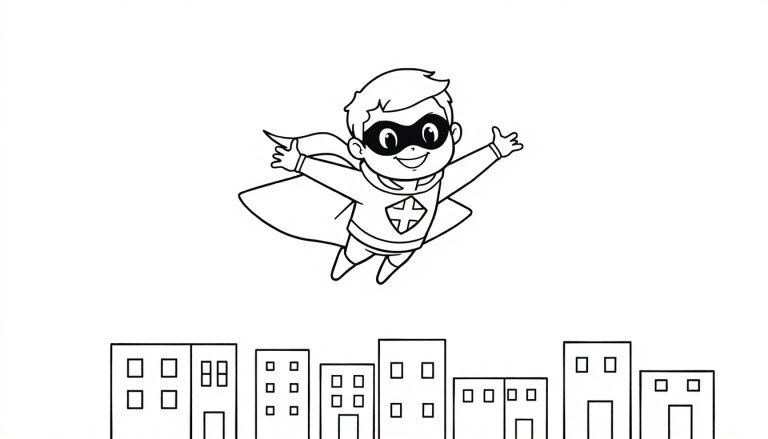 Ein kleiner Cartoon-Superheld mit Maske und Umhang schwebt mit ausgebreiteten Armen lächelnd über einer Stadt, Schwarz-weiß Farbtafel.