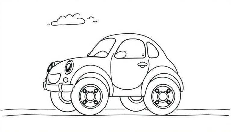 Eine süße Cartoon-Farbtafel eines Autos mit großen Rädern auf einer Straße, bereit zum Ausmalen.
