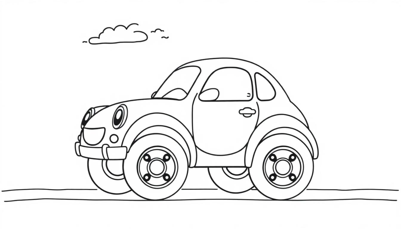 Eine süße Cartoon-Farbtafel eines Autos mit großen Rädern auf einer Straße, bereit zum Ausmalen.