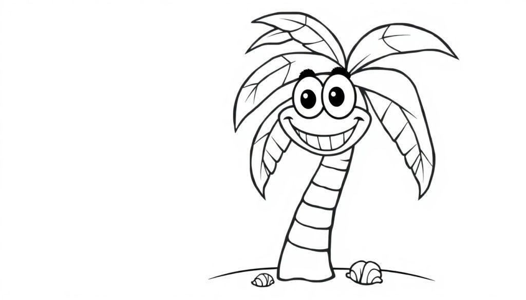Eine lächelnde Cartoon-Palme mit großen Augen und stilisierten Blättern, bereit zum Ausmalen als Farbtafel.