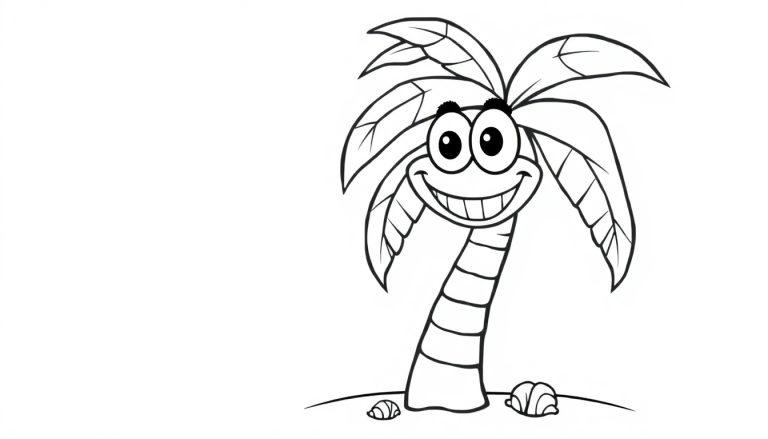 Eine lächelnde Cartoon-Palme mit großen Augen und stilisierten Blättern, bereit zum Ausmalen als Farbtafel.