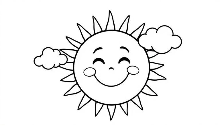 Schwarz-Weiß-Farbtafel einer Cartoon-Sonne mit einem freundlichen Gesicht und Strahlen, umgeben von Wolken.