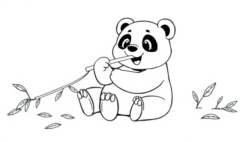 Ausmalbild: Ein niedlicher Cartoon-Panda sitzt auf dem Boden und genießt einen Bambusstab. Perfekt für eine bunte Farbtafel.