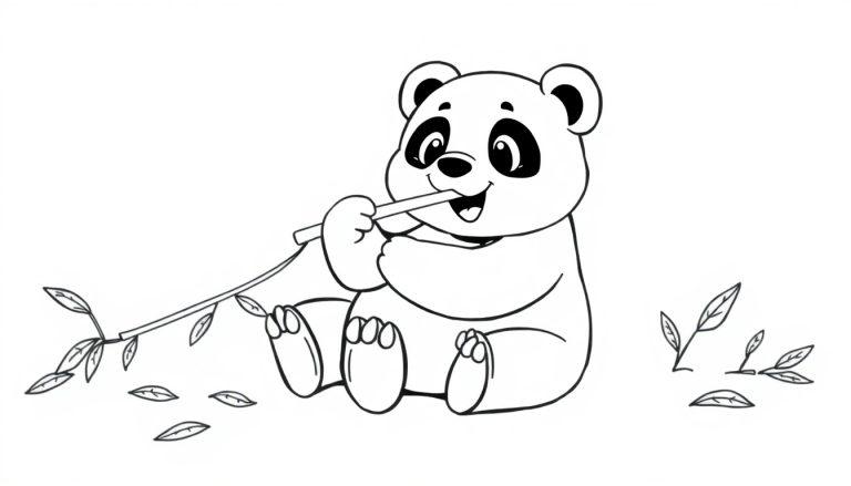 Ausmalbild: Ein niedlicher Cartoon-Panda sitzt auf dem Boden und genießt einen Bambusstab. Perfekt für eine bunte Farbtafel.