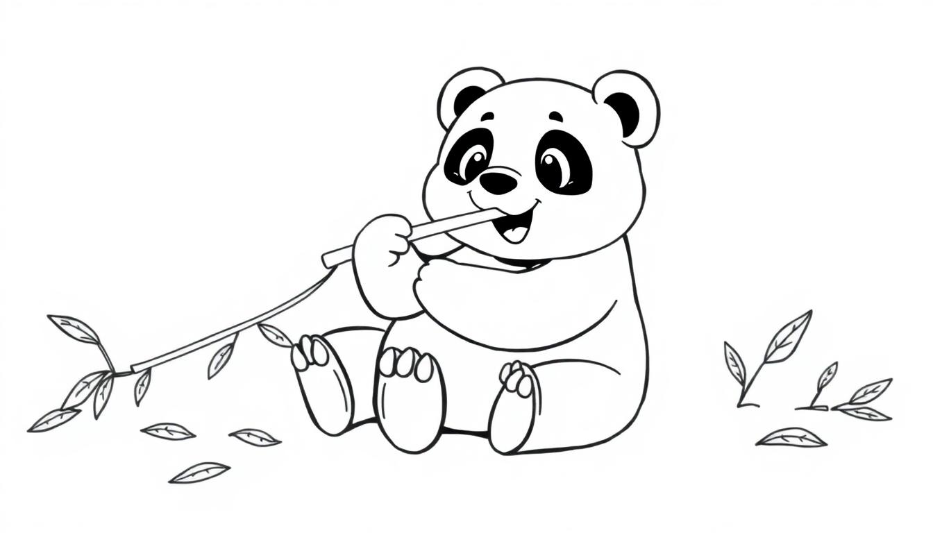 Ausmalbild: Ein niedlicher Cartoon-Panda sitzt auf dem Boden und genießt einen Bambusstab. Perfekt für eine bunte Farbtafel.