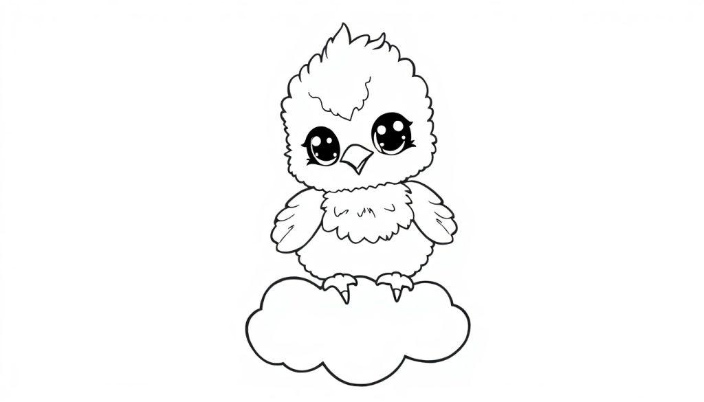 Eine süße, cartoonartige Vogelskizze, die auf einer Wolke sitzt, bereit zum Ausmalen als Farbtafel.