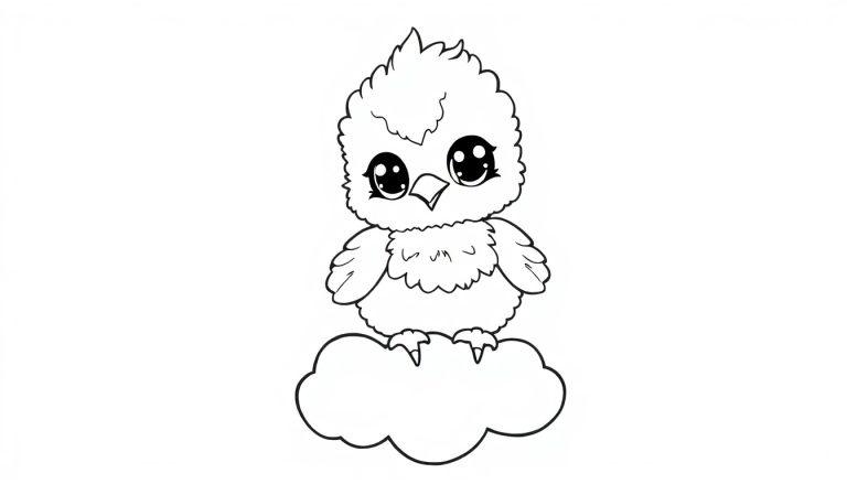 Eine süße, cartoonartige Vogelskizze, die auf einer Wolke sitzt, bereit zum Ausmalen als Farbtafel.