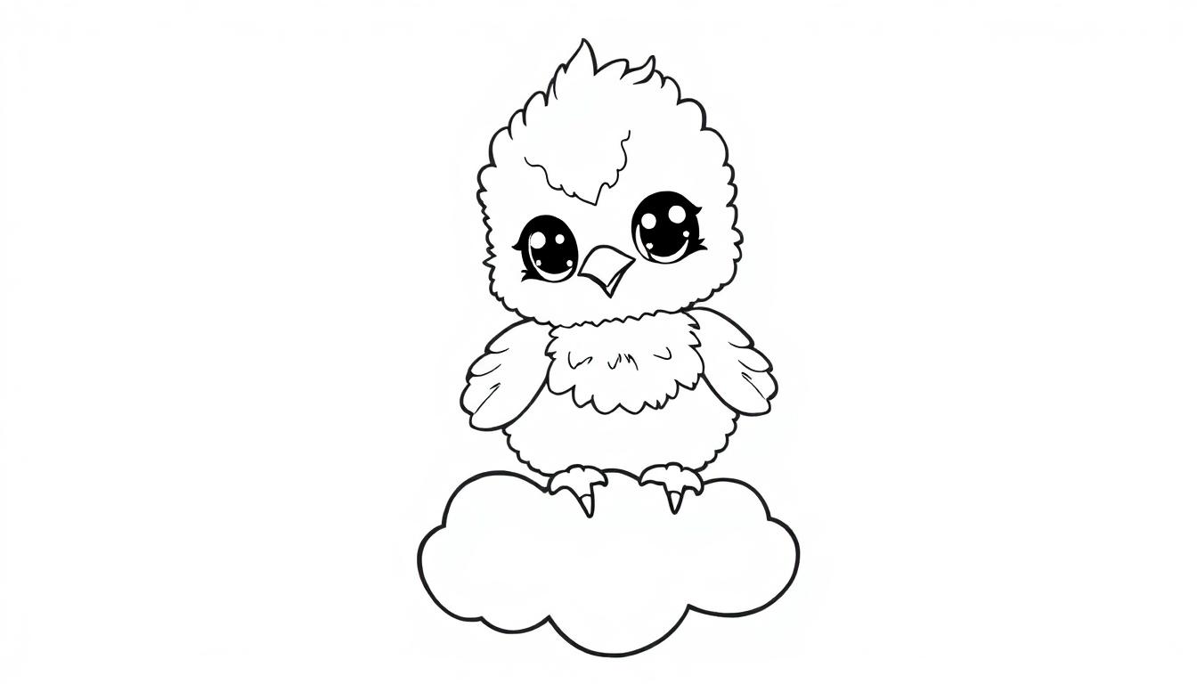 Eine süße, cartoonartige Vogelskizze, die auf einer Wolke sitzt, bereit zum Ausmalen als Farbtafel.