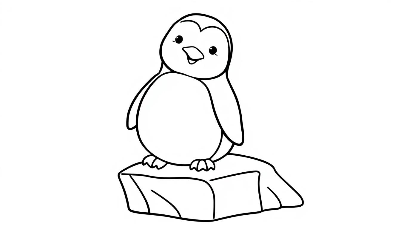 Schwarz-weiße Farbtafel eines Cartoon-Pinguins auf einem Felsen stehend, freundlich aussehend.