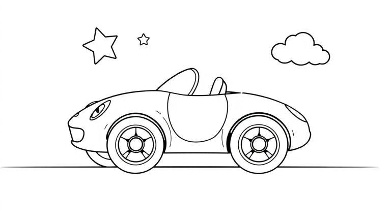 Eine Cartoon-Farbtafel eines süßen kleinen Rennwagens mit offenem Verdeck vor Sternen und einer Wolke.