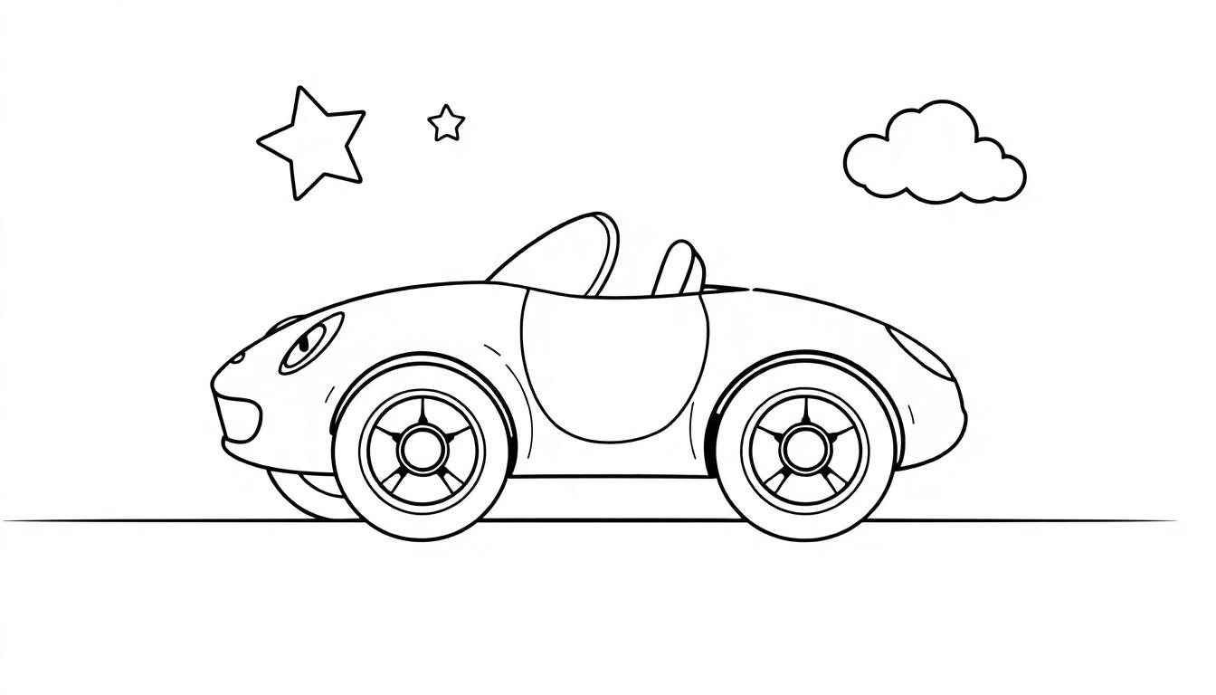 Eine Cartoon-Farbtafel eines süßen kleinen Rennwagens mit offenem Verdeck vor Sternen und einer Wolke.