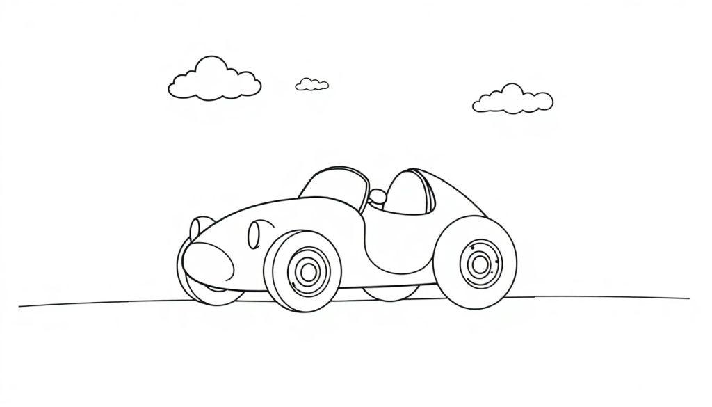 Schwarz-Weiß-Farbtafel eines süßen Cartoon-Rennwagens mit großen Rädern und einer stromlinienförmigen Form.