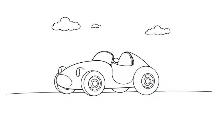 Schwarz-Weiß-Farbtafel eines süßen Cartoon-Rennwagens mit großen Rädern und einer stromlinienförmigen Form.
