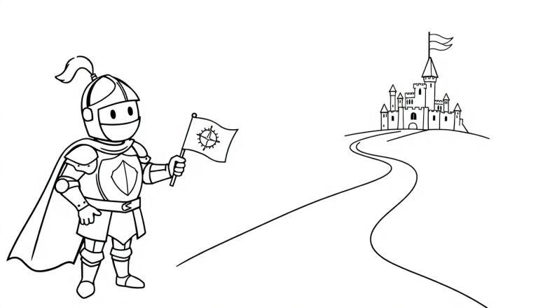 Schwarz-weiß-Farbtafel eines niedlichen Cartoon-Ritters mit Rüstung und Umhang, der eine Flagge hält und auf einem Weg zu einem Schloss steht.