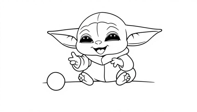 Eine schwarz-weiße Farbtafel von einem süßen Baby Yoda, das mit einem Ball spielt.
