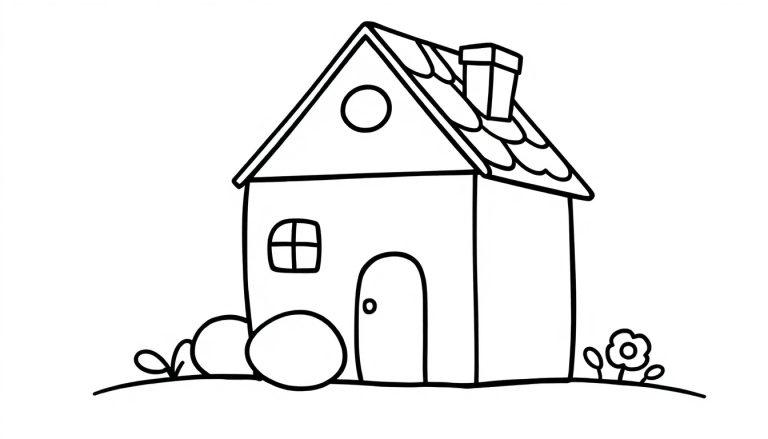 Eine Farbtafel-Zeichnung eines einfachen Cartoon-Hauses mit geometrischen Formen.