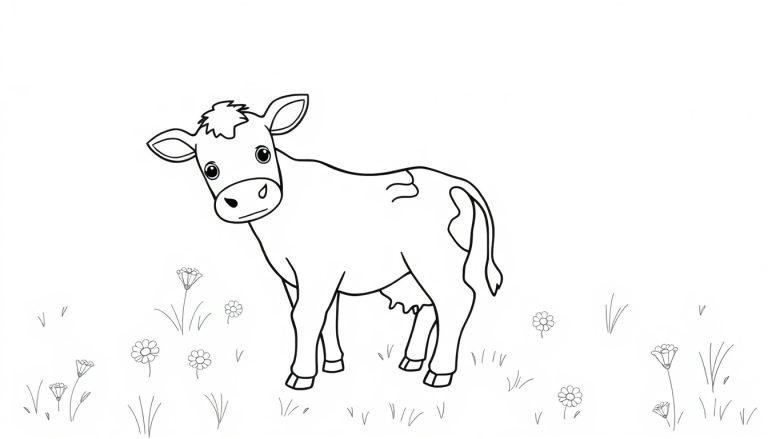 Ein süßes Kalb auf einer grünen Wiese, bereit zum Ausmalen. Schwarz-Weiß-Illustration für Kinder. Farbtafel.