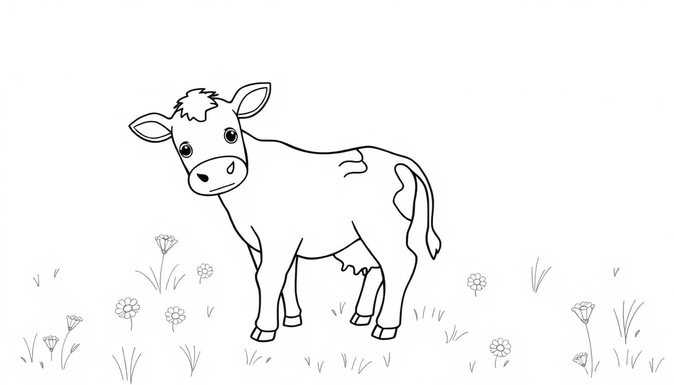 Ein süßes Kalb auf einer grünen Wiese, bereit zum Ausmalen. Schwarz-Weiß-Illustration für Kinder. Farbtafel.