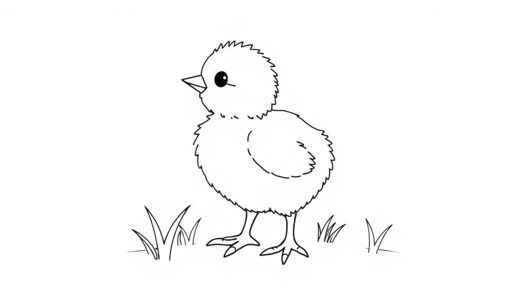 Schwarz-Weiß-Farbtafel eines flauschigen Kükens im Gras.